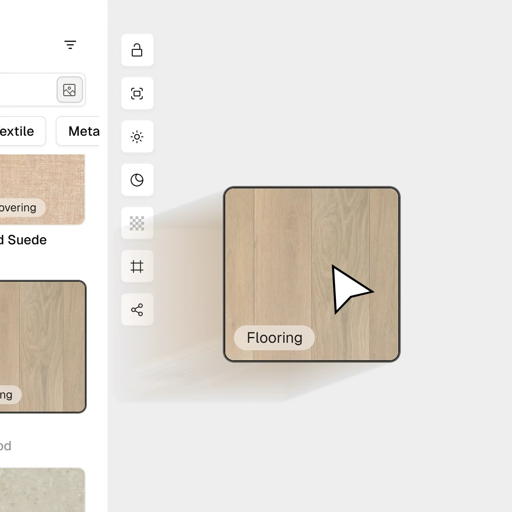 Step-by-step guide showing material samples being dragged onto the 3D board canvas