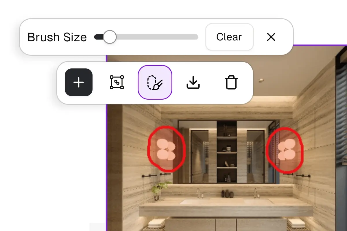 Precision selection tool with brush controls for targeted render edits