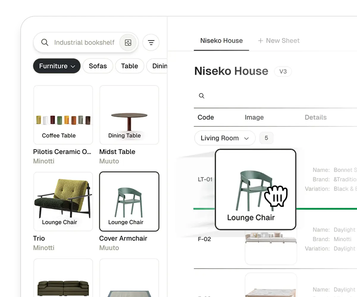 Product panel with detailed product information for each material ready for designers
