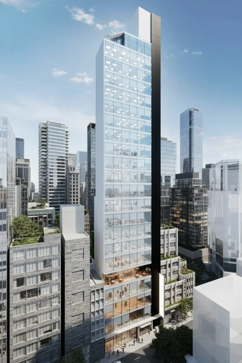 Add detailed cityscape around the building and keep the building in the middle unchange